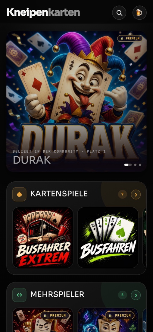 Spieleübersicht der App mit Kartenspielen und Mehrspieler-Spielen